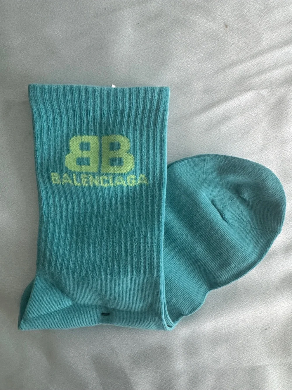 New! Balenciaga Teal Crew Socks with Lime Logo